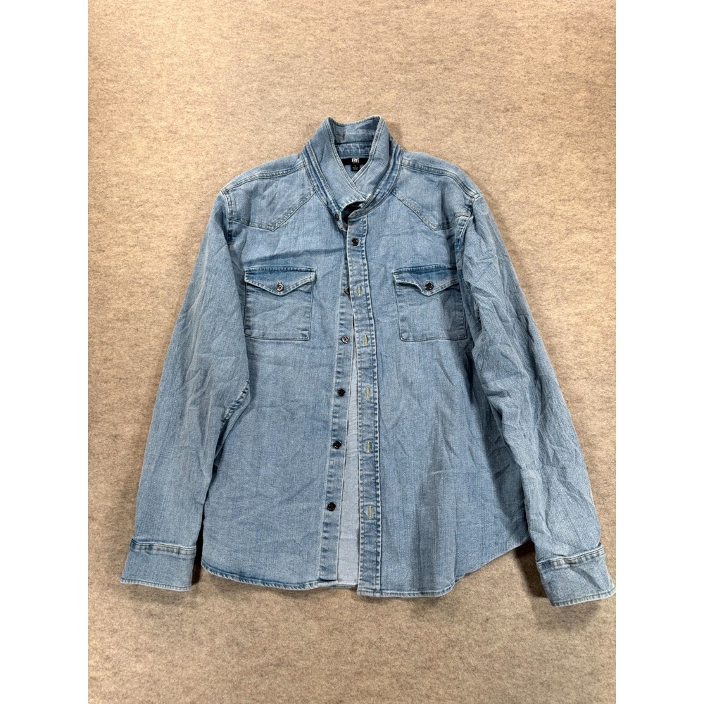 Vintage Frye Shirt Mens Large Blue Denim Cotton Stretch Flap Pockets Casual Wear